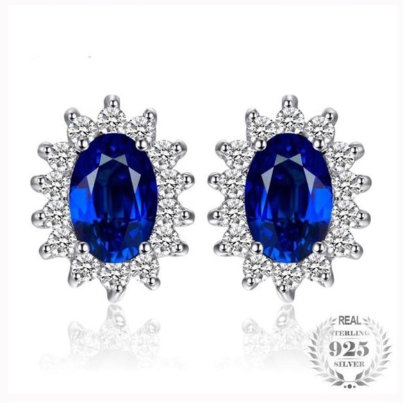 925 Sterling Silver Blue Sapphire Stud Earrings - Picture 4 of 6